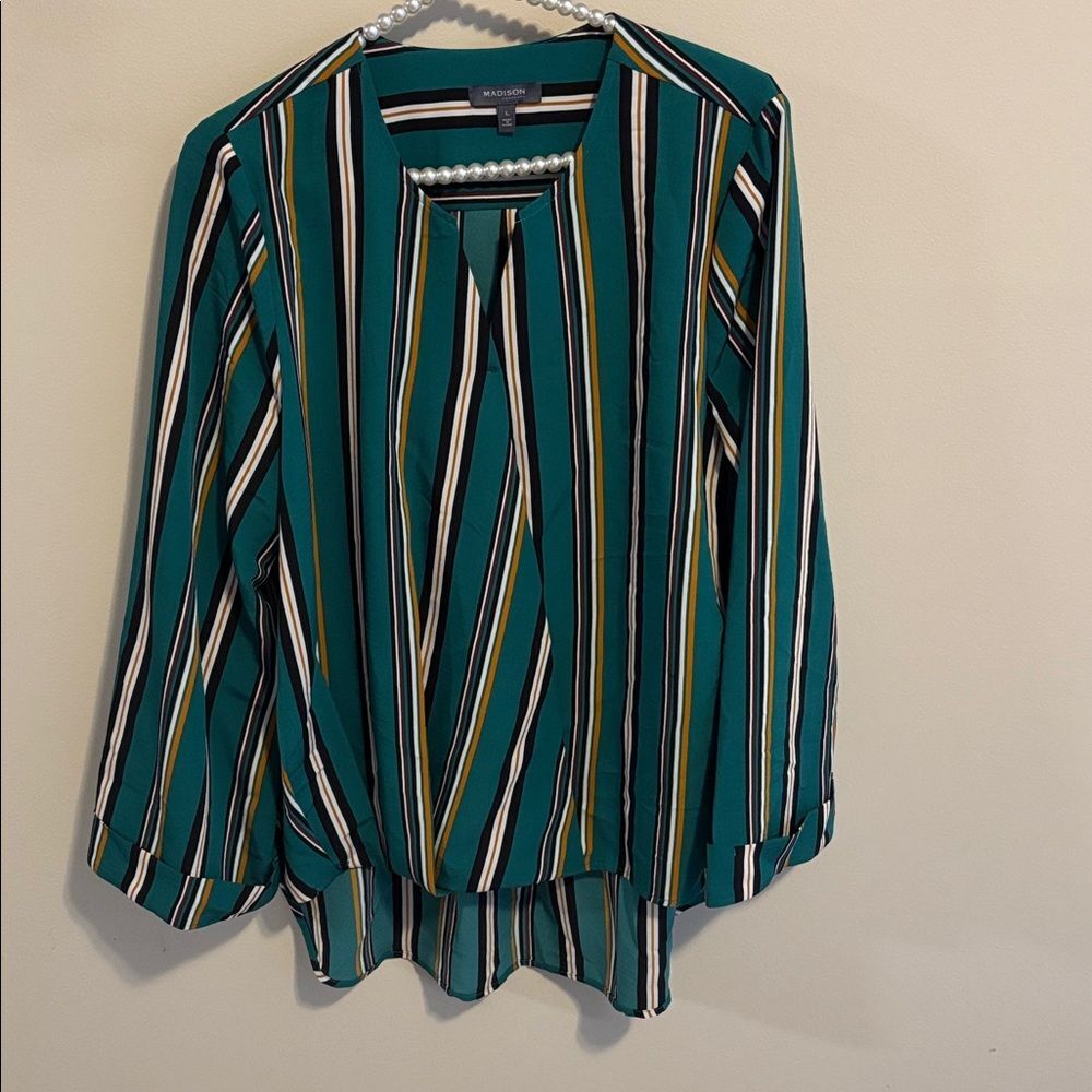 Madison Teal and Multicolor Striped Top size large high low